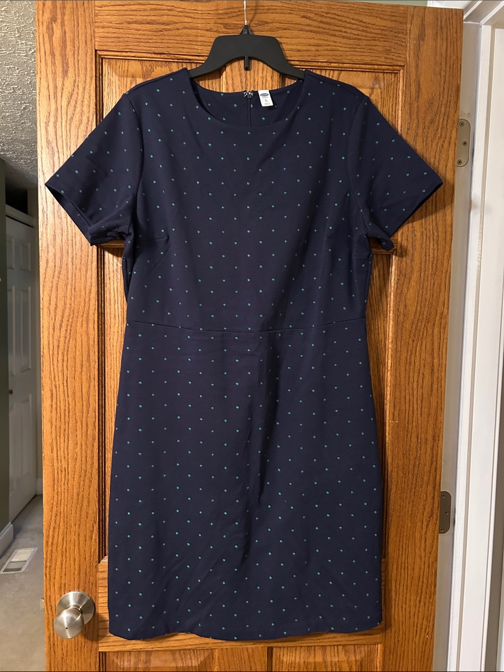 Navy Short Sleeve Sheath Dress with Teal Dot Print